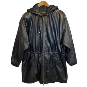 Vintage 90s Wilsons Black Leather Hooded Coat Women Sz M Quilted Lining Full Zip